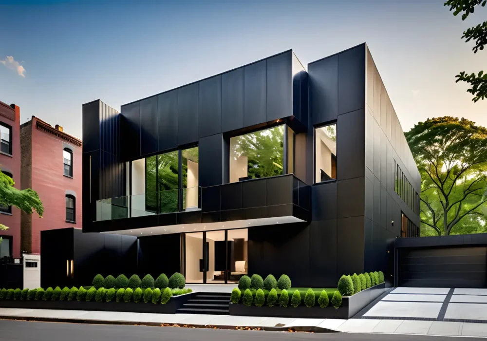 Modern black geometric home with large glass windows and a glass balcony on a tree-lined street, surrounded by greenery.
