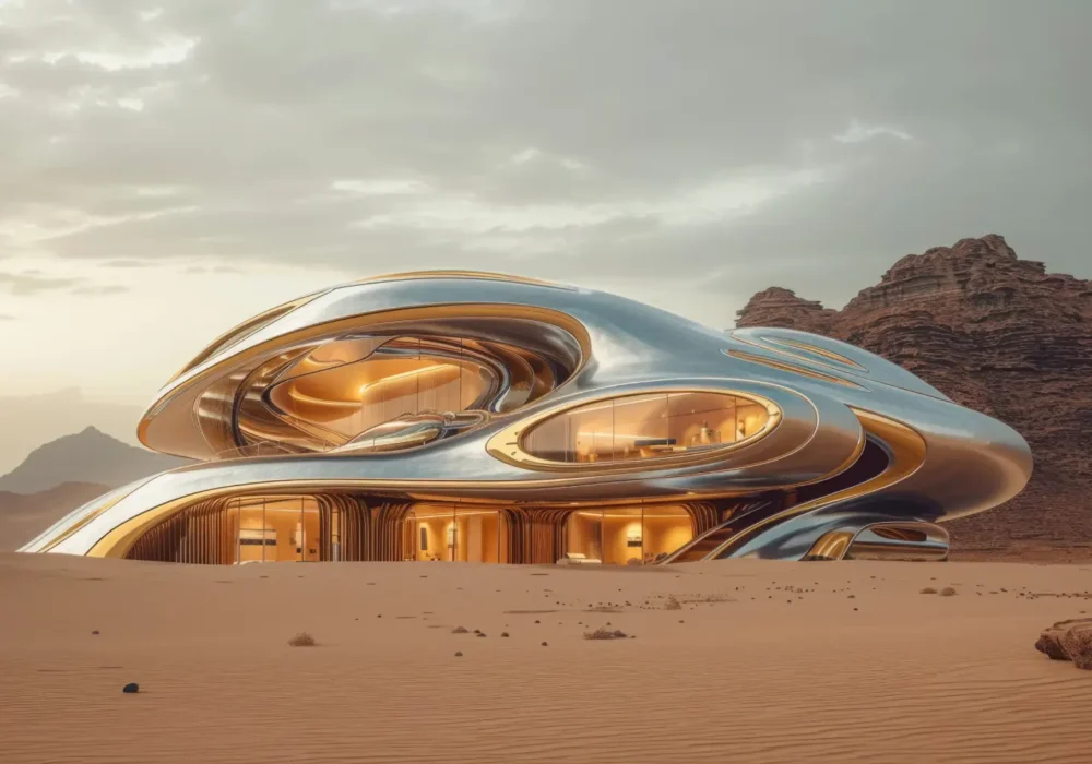 Futuristic silver building with curved glass walls in a desert dune landscape at sunset/sunlit interior.