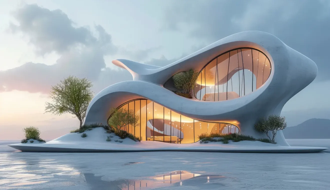 Futuristic white houseboat with flowing curves and large glass walls, glowing warmly from within, sitting on a frozen water surface with sparse trees and soft sunset light