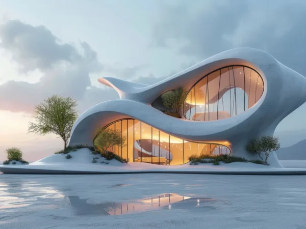 Futuristic white houseboat with flowing curves and large glass walls, glowing warmly from within, sitting on a frozen water surface with sparse trees and soft sunset light