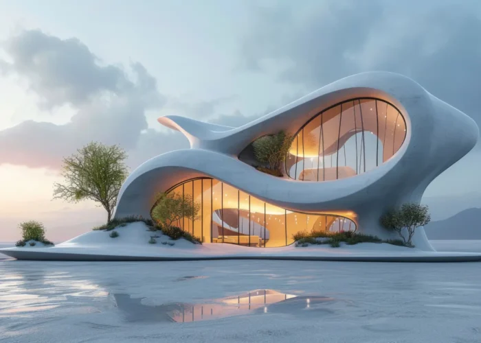 Futuristic white houseboat with flowing curves and large glass walls, glowing warmly from within, sitting on a frozen water surface with sparse trees and soft sunset light