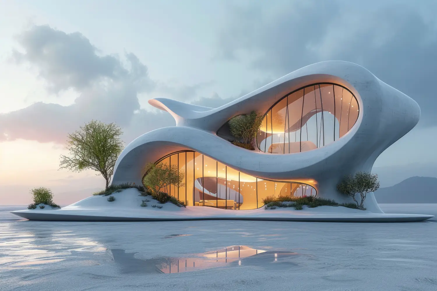 Futuristic white houseboat with flowing curves and large glass walls, glowing warmly from within, sitting on a frozen water surface with sparse trees and soft sunset light