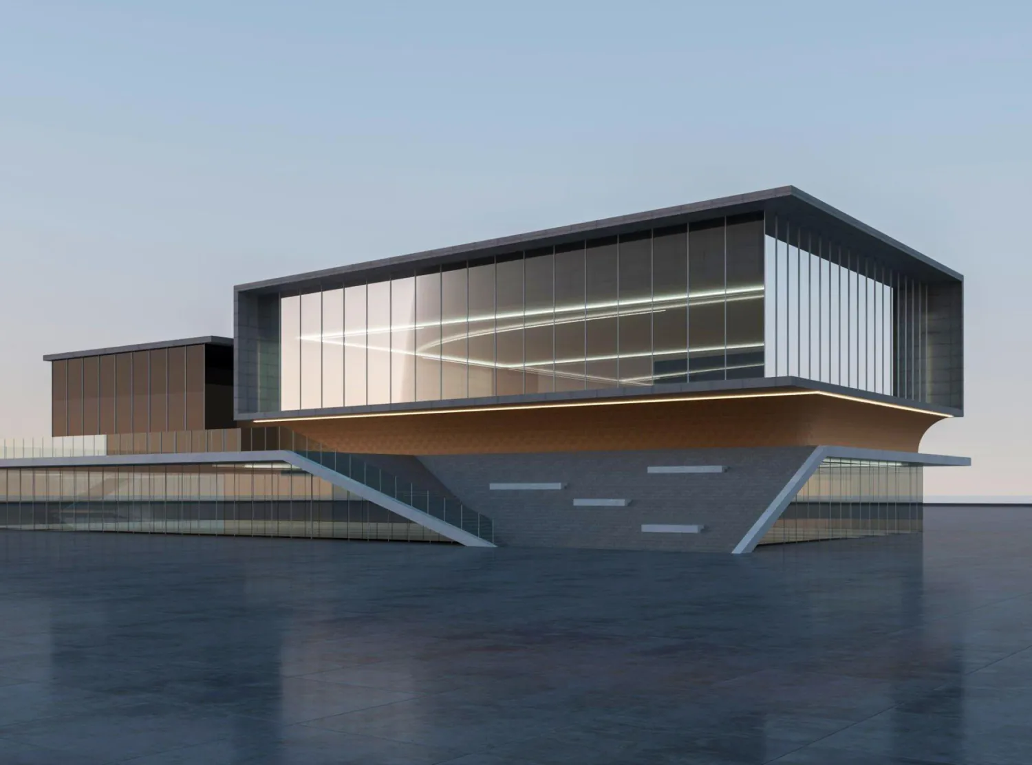 Modern glass-and-concrete building on a platform over water, with a cantilevered upper volume and stair access to the water level.