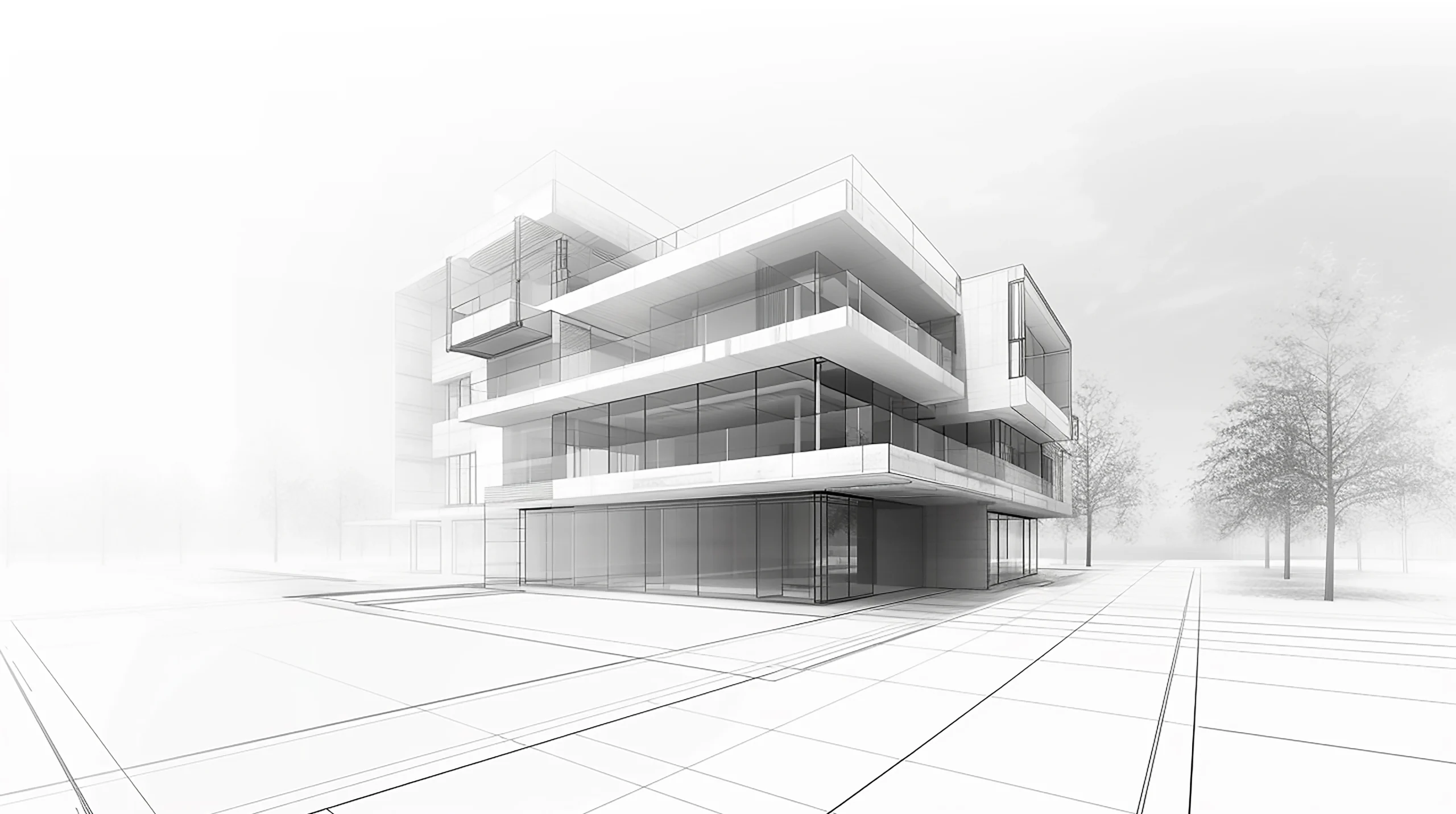 Three-story modern glass-and-concrete building with cantilevered balconies and extensive glazing in a pale, minimalist setting.