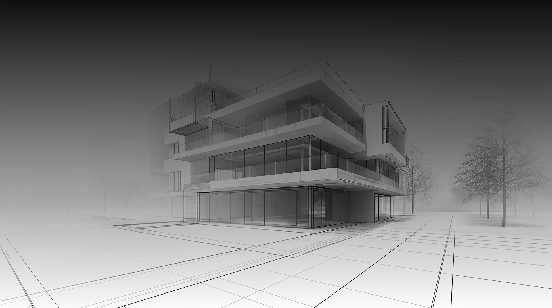 3D architectural rendering of a modern multi-story building with glass balconies and a shaded, grid-like foreground.