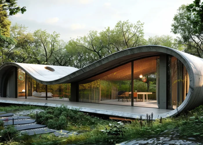 Curved contemporary house with large glass walls nestled in a green garden beside a pond and stepping stones outside