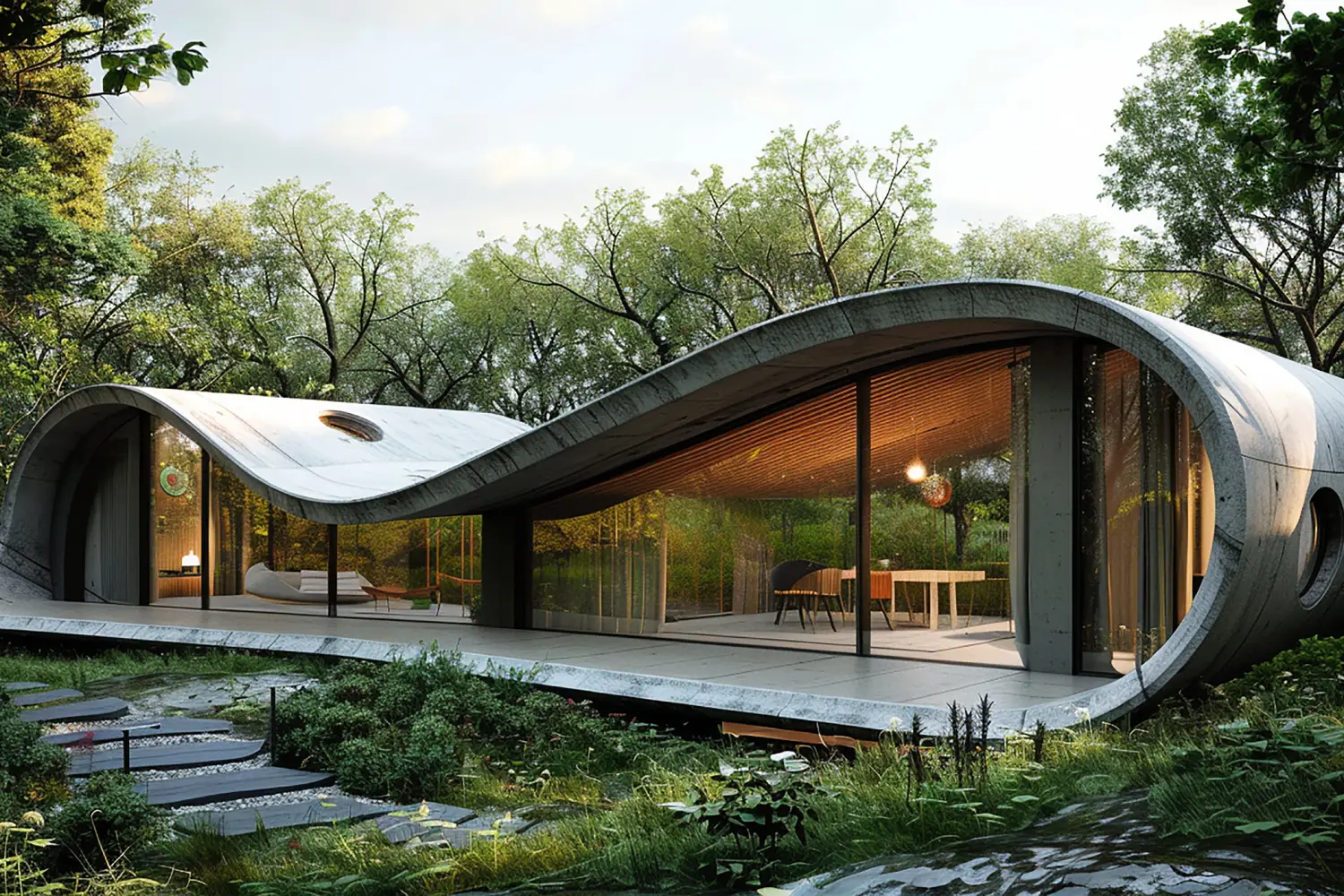 Curved contemporary house with large glass walls nestled in a green garden beside a pond and stepping stones outside